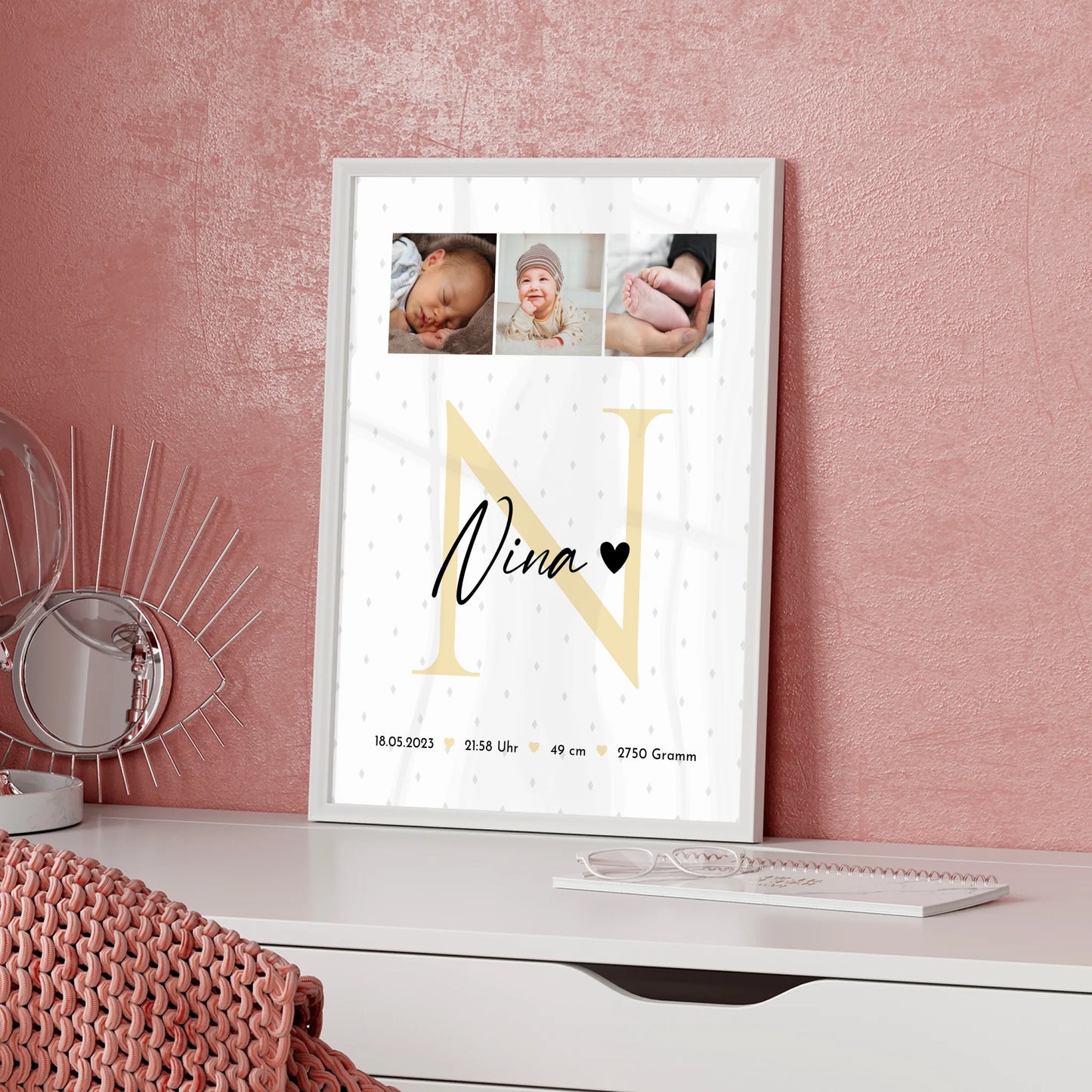 Poster Geburtsdaten zur Geburt Baby Fotocollage mit Initial und Rauten Muster personalisiert 5