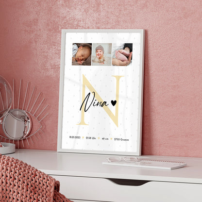 Poster Geburtsdaten zur Geburt Baby Fotocollage mit Initial und Rauten Muster personalisiert 5