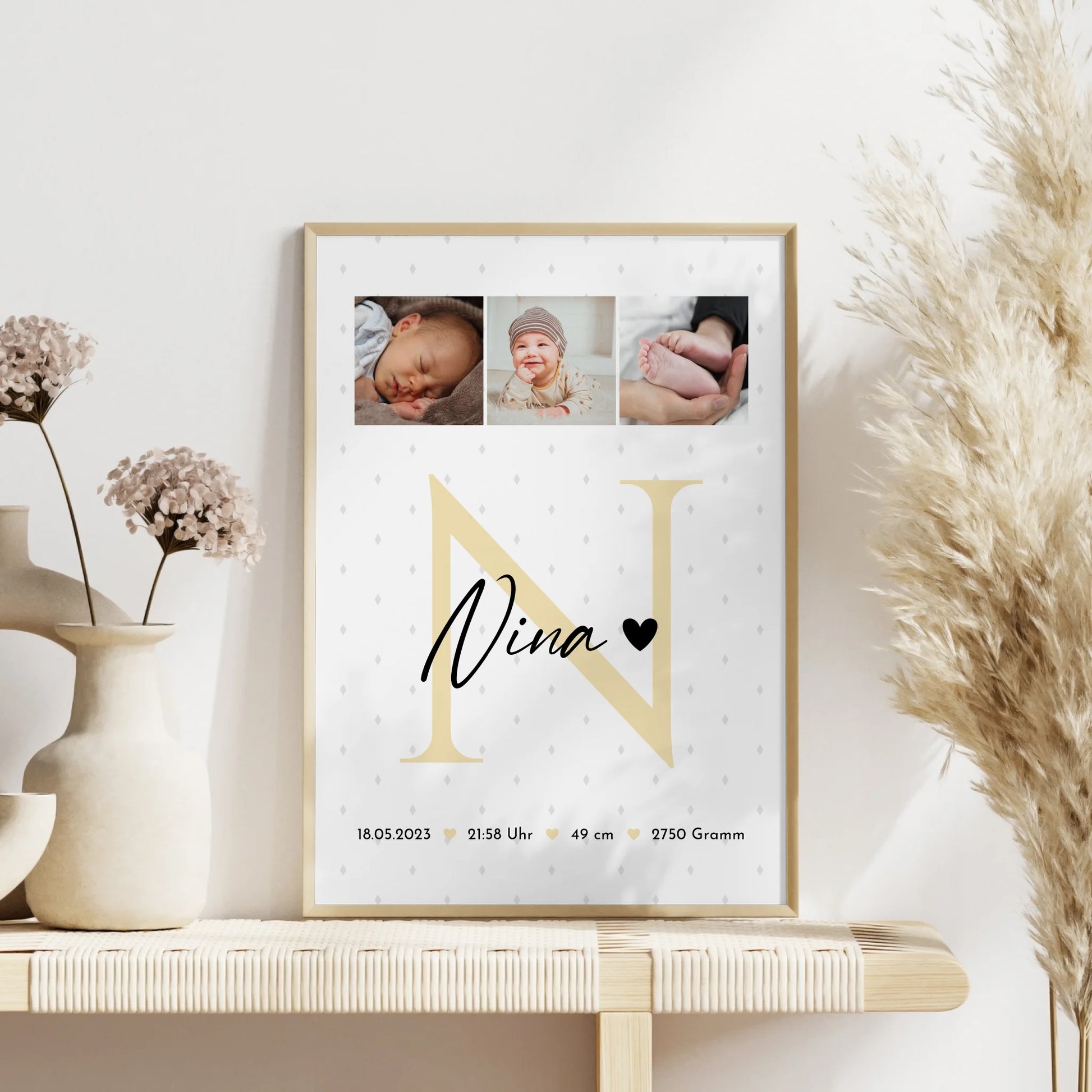 Poster Geburtsdaten zur Geburt Baby Fotocollage mit Initial und Rauten Muster personalisiert 4