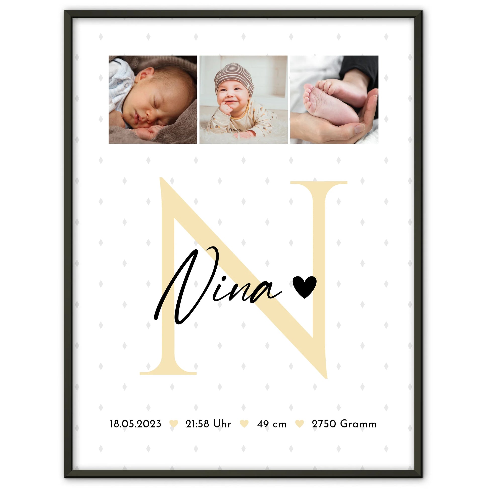 Poster Geburtsdaten zur Geburt Baby Fotocollage mit Initial und Rauten Muster personalisiert 1