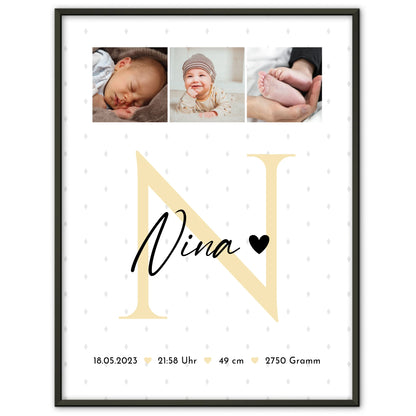Poster Geburtsdaten zur Geburt Baby Fotocollage mit Initial und Rauten Muster personalisiert 1