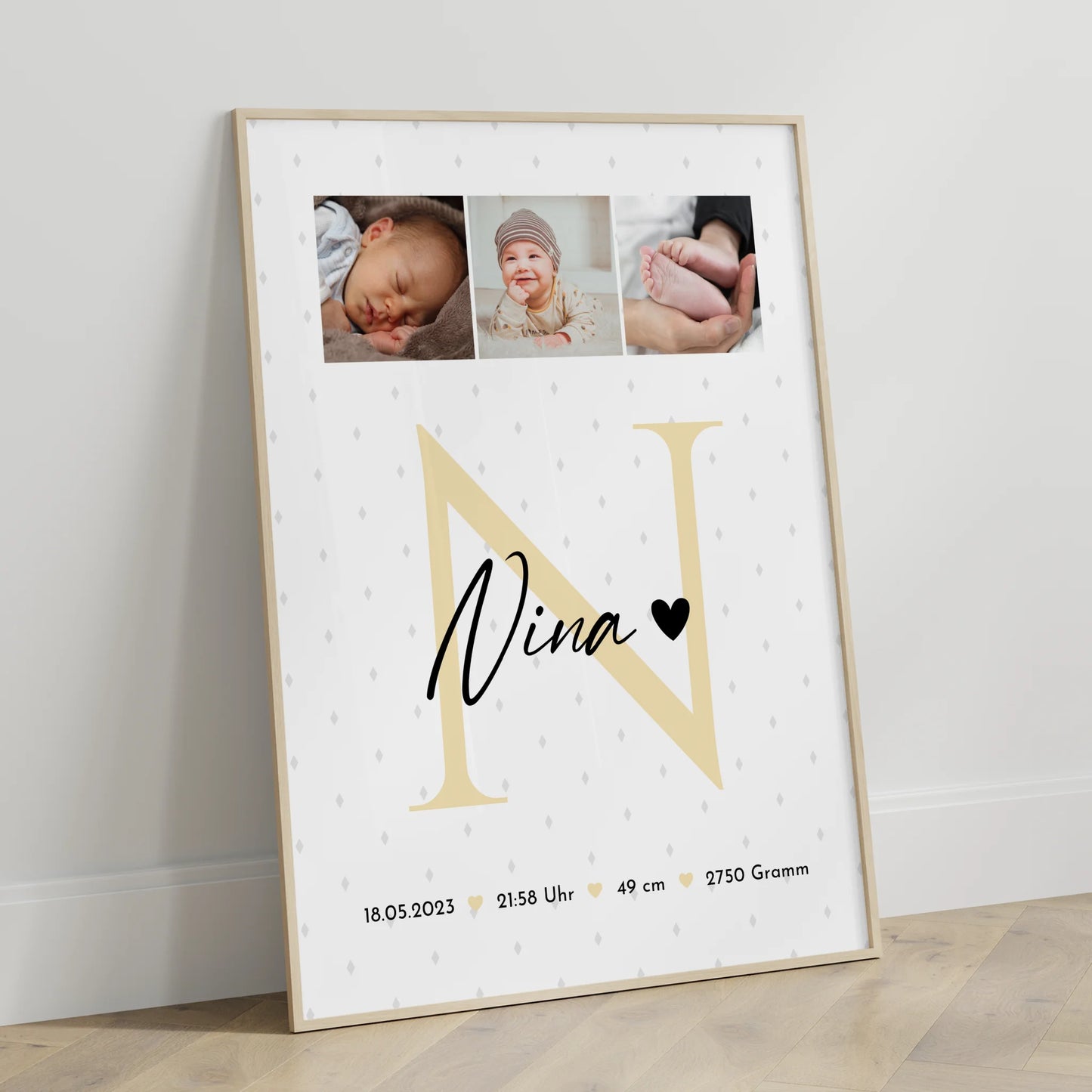Poster Geburtsdaten zur Geburt Baby Fotocollage mit Initial und Rauten Muster personalisiert 3