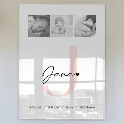 Foto Acrylglas zur Geburt Baby mit Geburtsdaten und Fotos Black and White personalisiert 1