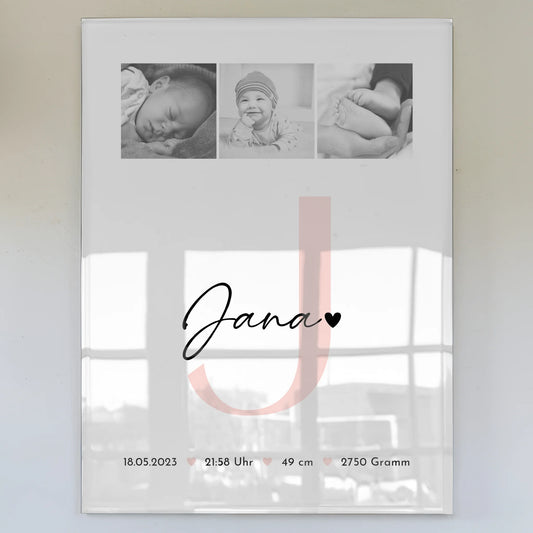 Foto Acrylglas zur Geburt Baby mit Geburtsdaten und Fotos Black and White personalisiert 1