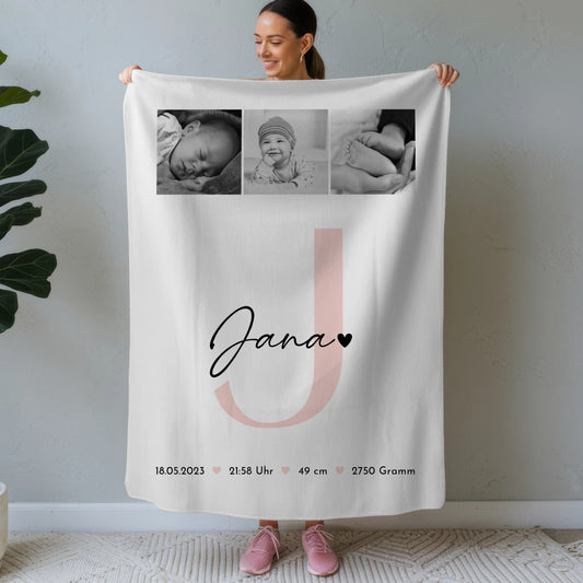 Krabbeldecke Mit Namen zur Geburt Baby mit Geburtsdaten und Fotos Black and White Design 1