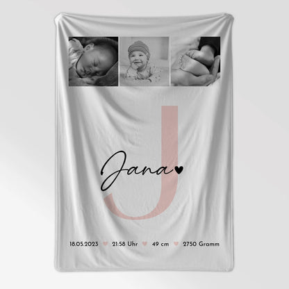 Krabbeldecke Mit Namen zur Geburt Baby mit Geburtsdaten und Fotos Black and White Design 7