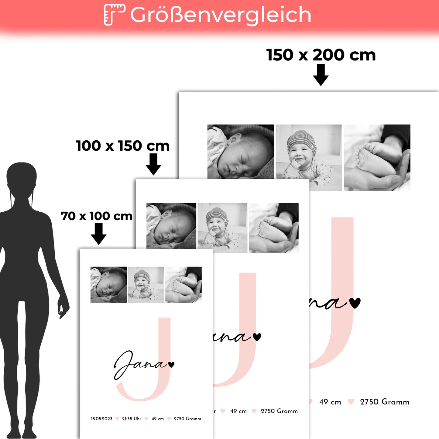 Krabbeldecke Mit Namen zur Geburt Baby mit Geburtsdaten und Fotos Black and White Design 5