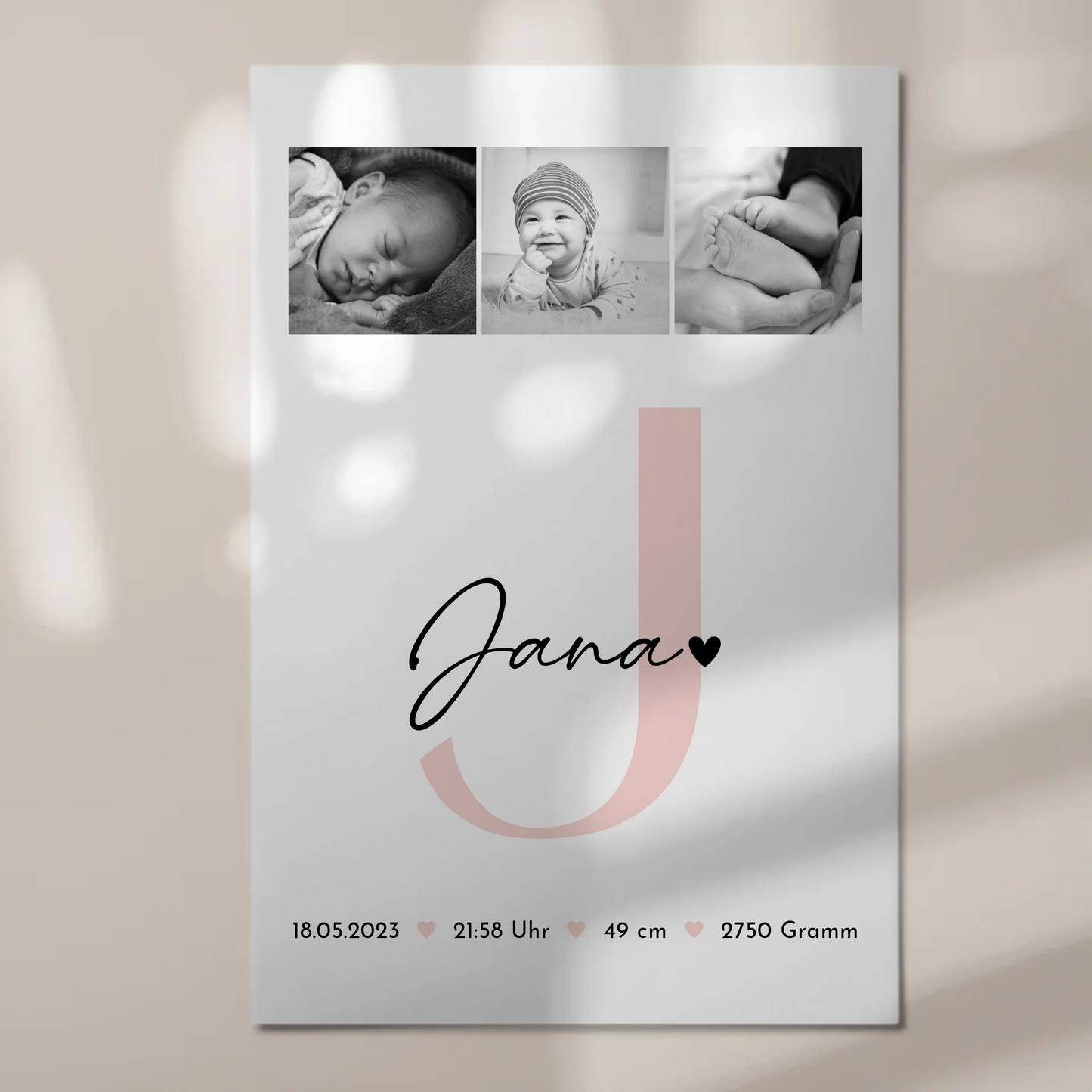 Fotoboard Magnet Wandbild zur Geburt mit Baby Geburtsdaten und Fotos Black and White Design 1