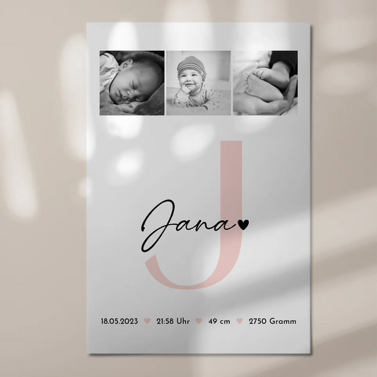 Fotoboard Magnet Wandbild zur Geburt mit Baby Geburtsdaten und Fotos Black and White Design 1