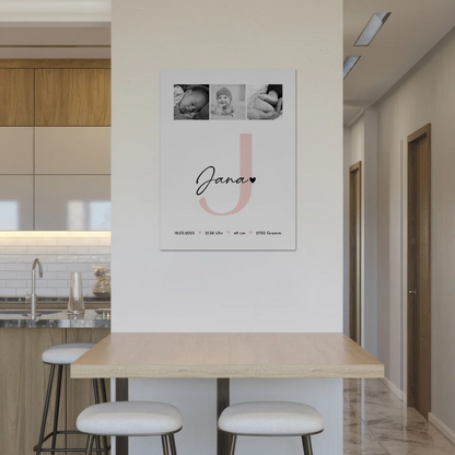 Fotoboard Magnet Wandbild zur Geburt mit Baby Geburtsdaten und Fotos Black and White Design 8