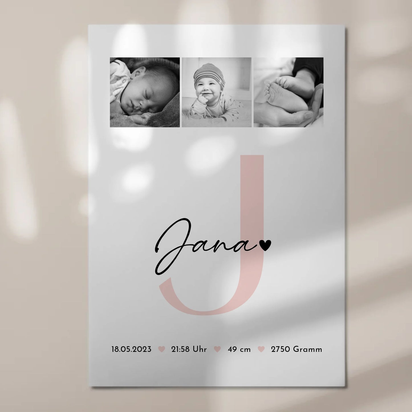 Fotoboard Magnet Wandbild zur Geburt mit Baby Geburtsdaten und Fotos Black and White Design 7