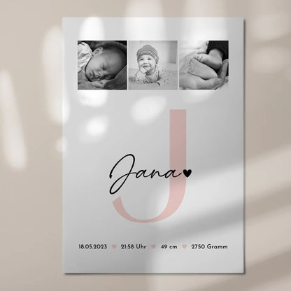 Fotoboard Magnet Wandbild zur Geburt mit Baby Geburtsdaten und Fotos Black and White Design 7