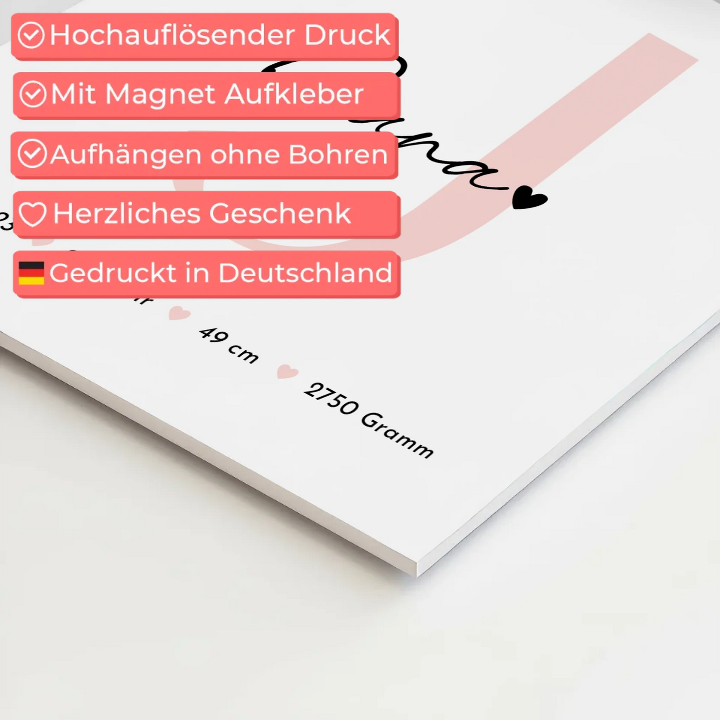 Fotoboard Magnet Wandbild zur Geburt mit Baby Geburtsdaten und Fotos Black and White Design 10