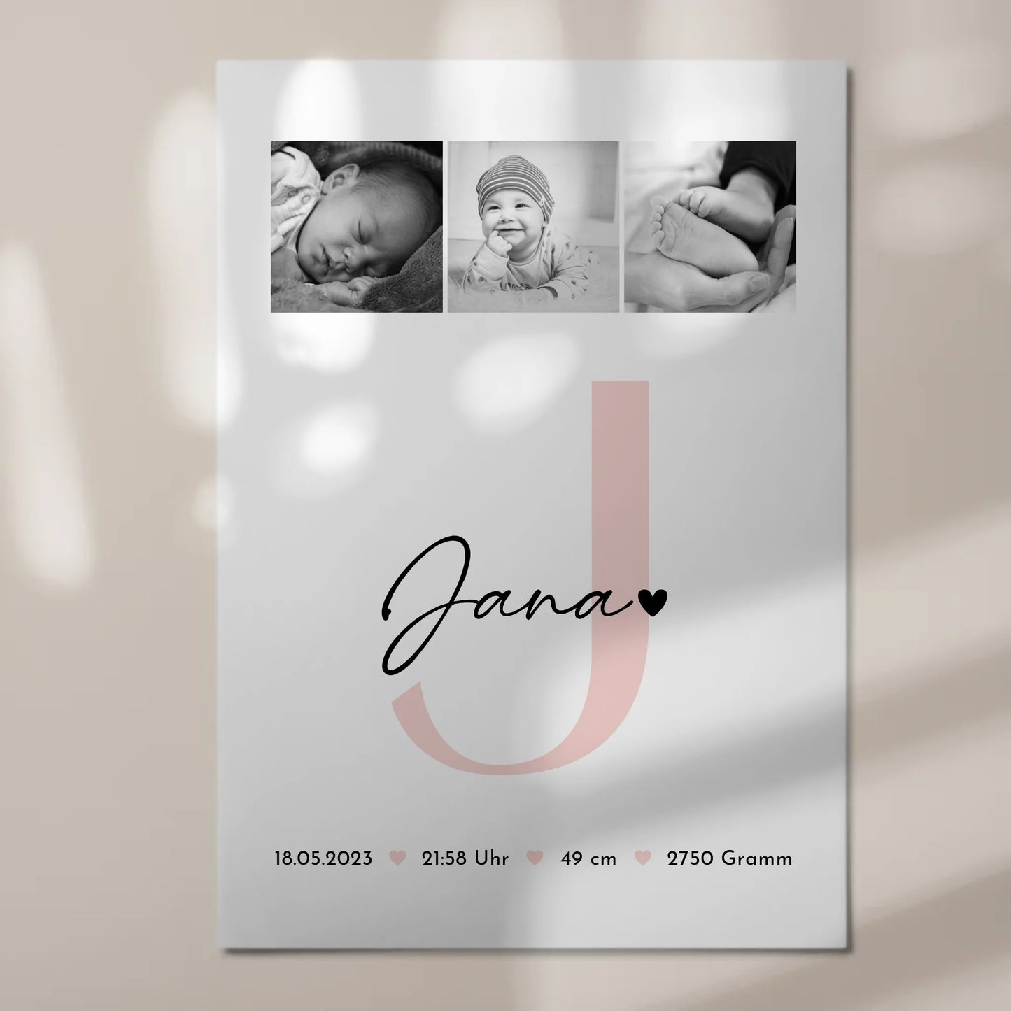 Fotoboard Magnet Wandbild zur Geburt mit Baby Geburtsdaten und Fotos Black and White Design