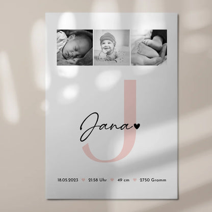 Fotoboard Magnet Wandbild zur Geburt mit Baby Geburtsdaten und Fotos Black and White Design