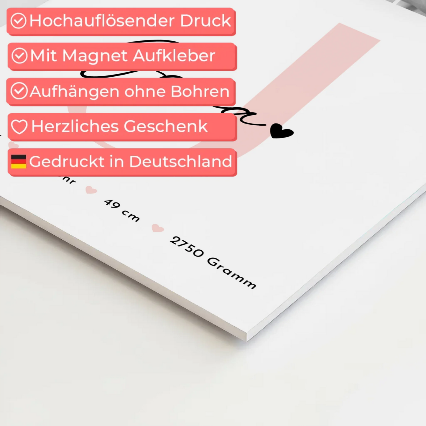 Fotoboard Magnet Wandbild zur Geburt mit Baby Geburtsdaten und Fotos Black and White Design