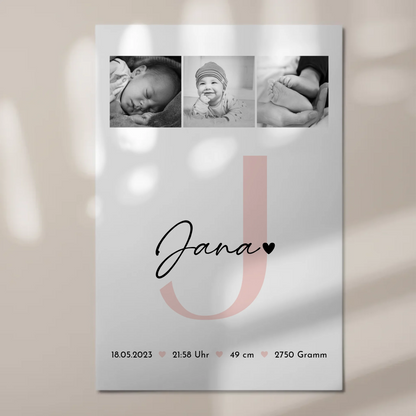 Fotoboard Magnet Wandbild zur Geburt mit Baby Geburtsdaten und Fotos Black and White Design