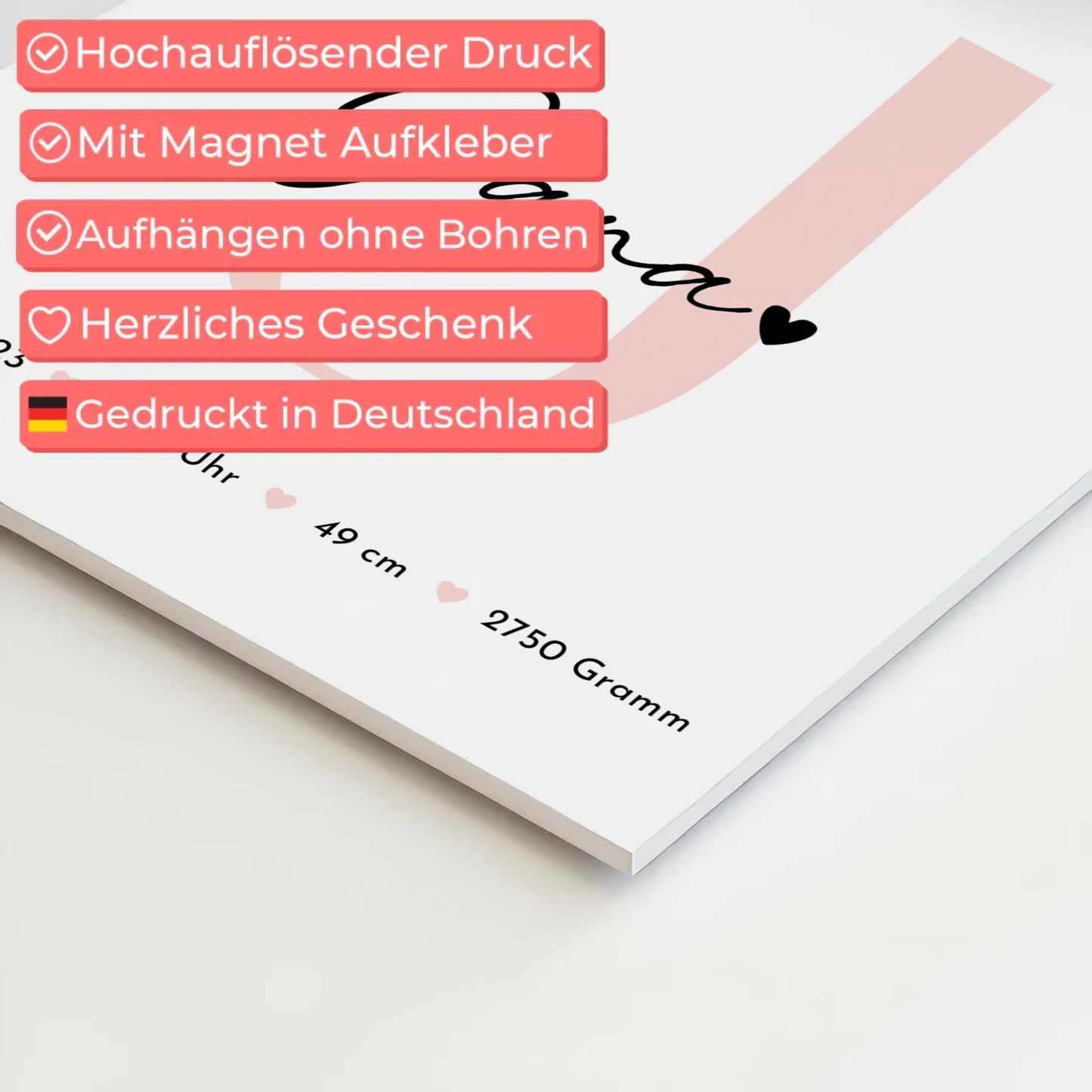 Fotoboard Magnet Wandbild zur Geburt mit Baby Geburtsdaten und Fotos Black and White Design