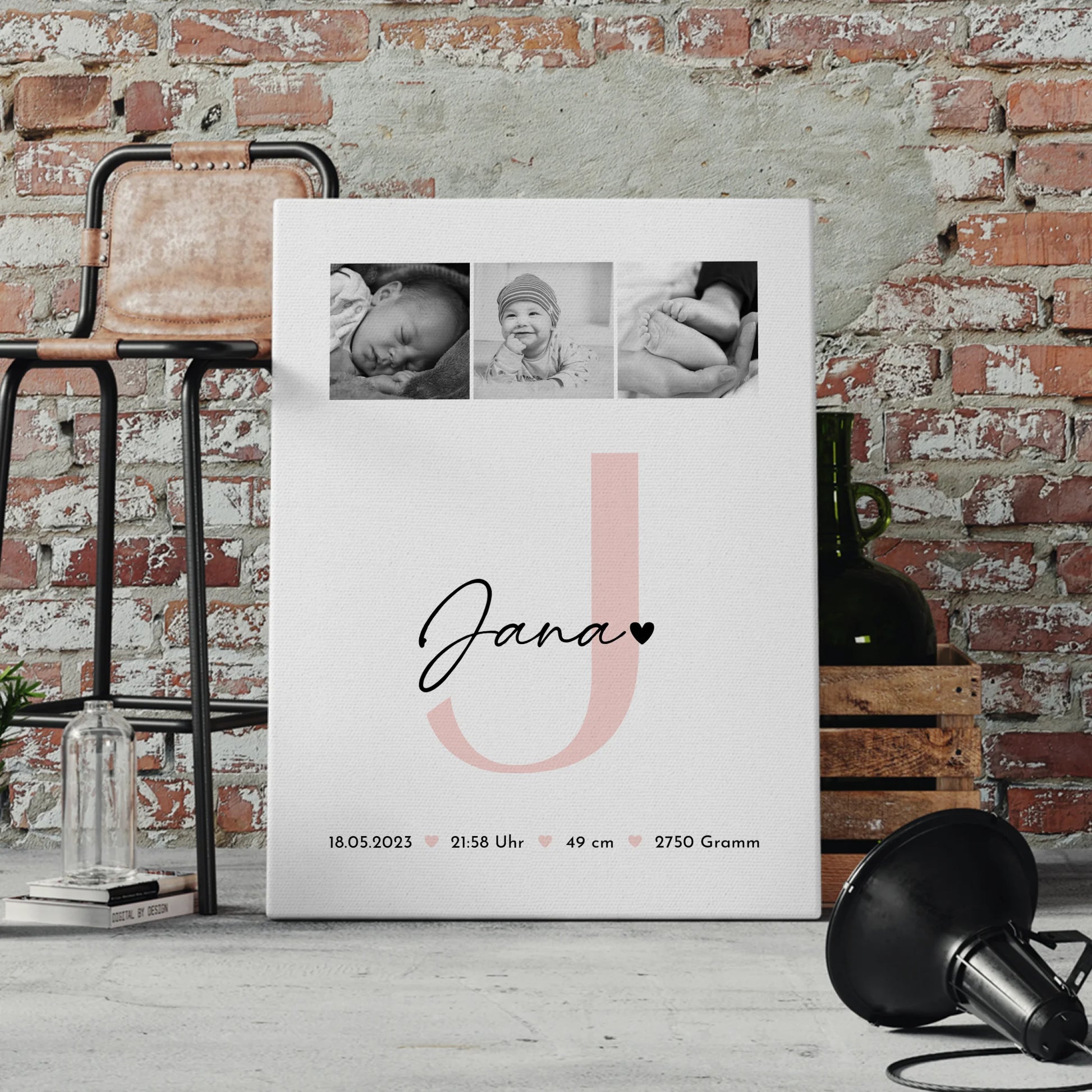 Leinwand Bild zur Geburt mit Baby Geburtsdaten und Fotos Black and White personalisiert 4