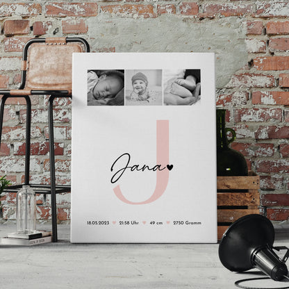 Leinwand Bild zur Geburt mit Baby Geburtsdaten und Fotos Black and White personalisiert 4