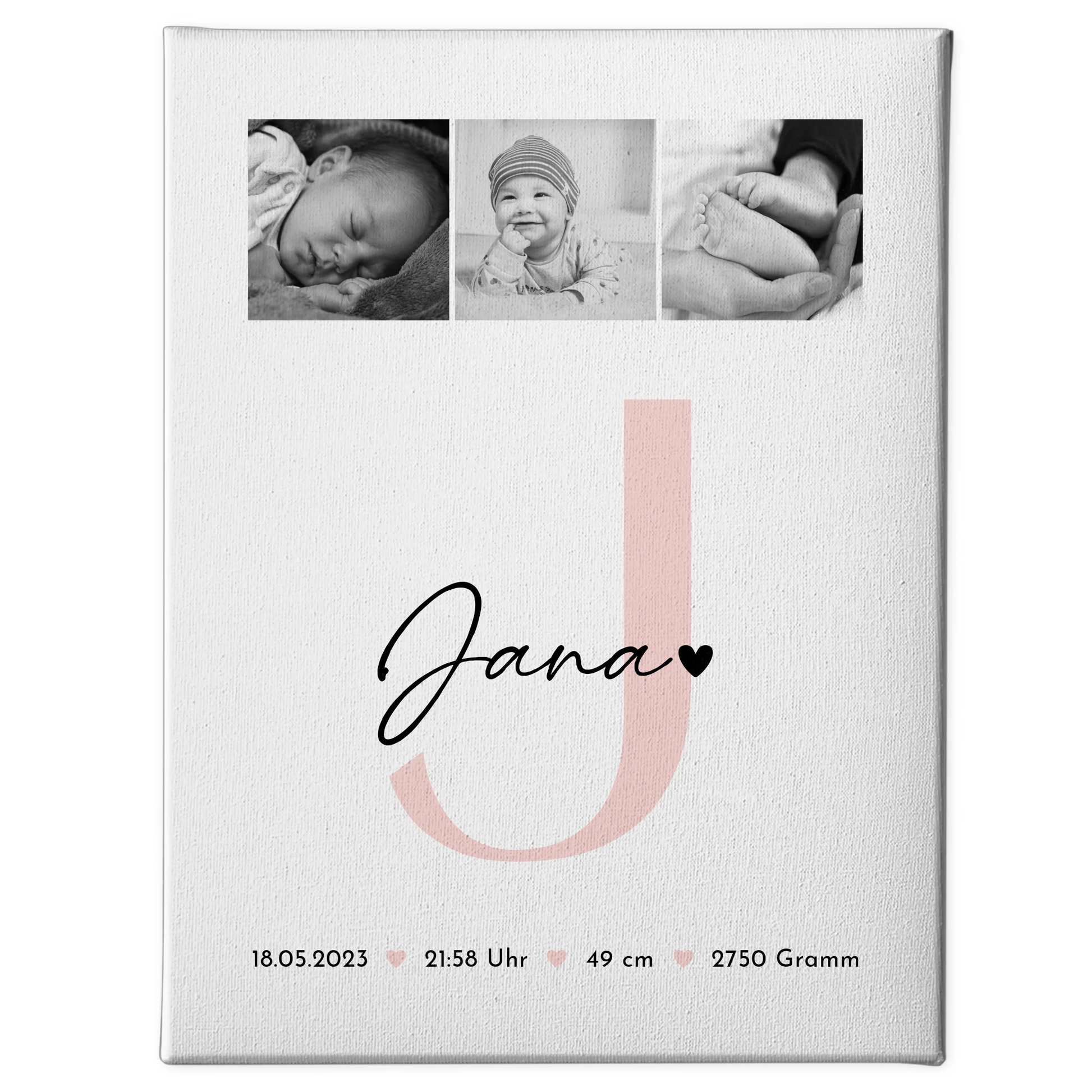 Leinwand Bild zur Geburt mit Baby Geburtsdaten und Fotos Black and White personalisiert 1
