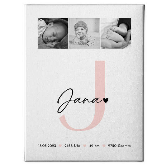 Leinwand Bild zur Geburt mit Baby Geburtsdaten und Fotos Black and White personalisiert 1