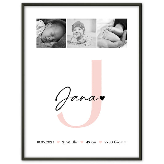 Personalisiertes Geburtsdaten-Poster mit Fotos (Black & White), Geschenk zur Geburt 1