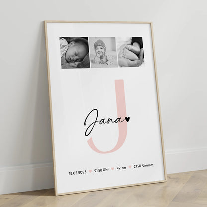 Personalisiertes Geburtsdaten-Poster mit Fotos (Black & White), Geschenk zur Geburt 3