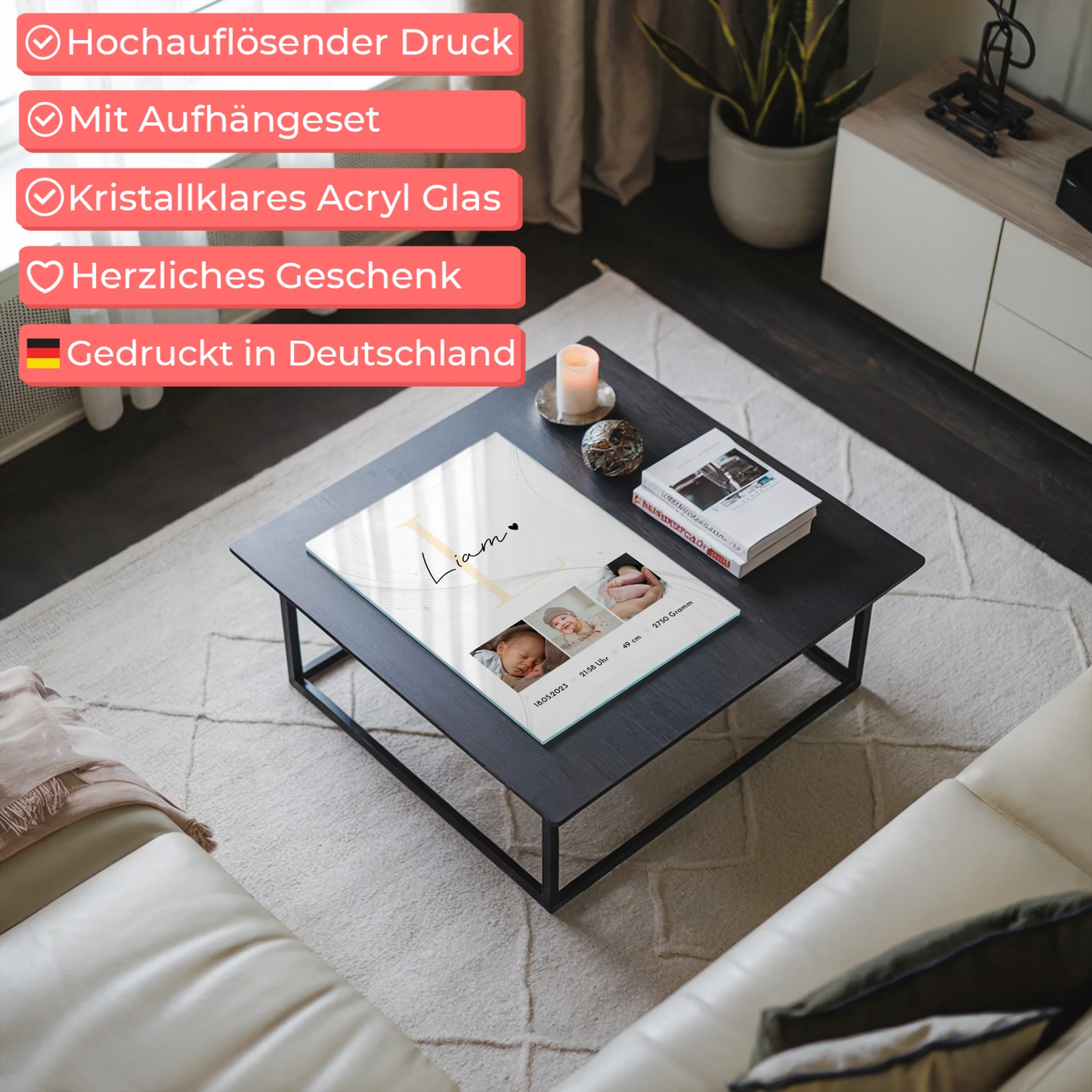 Foto Acrylglas zur Geburt Baby Fotocollage mit Geburtsdaten Lines Elegance Muster 7