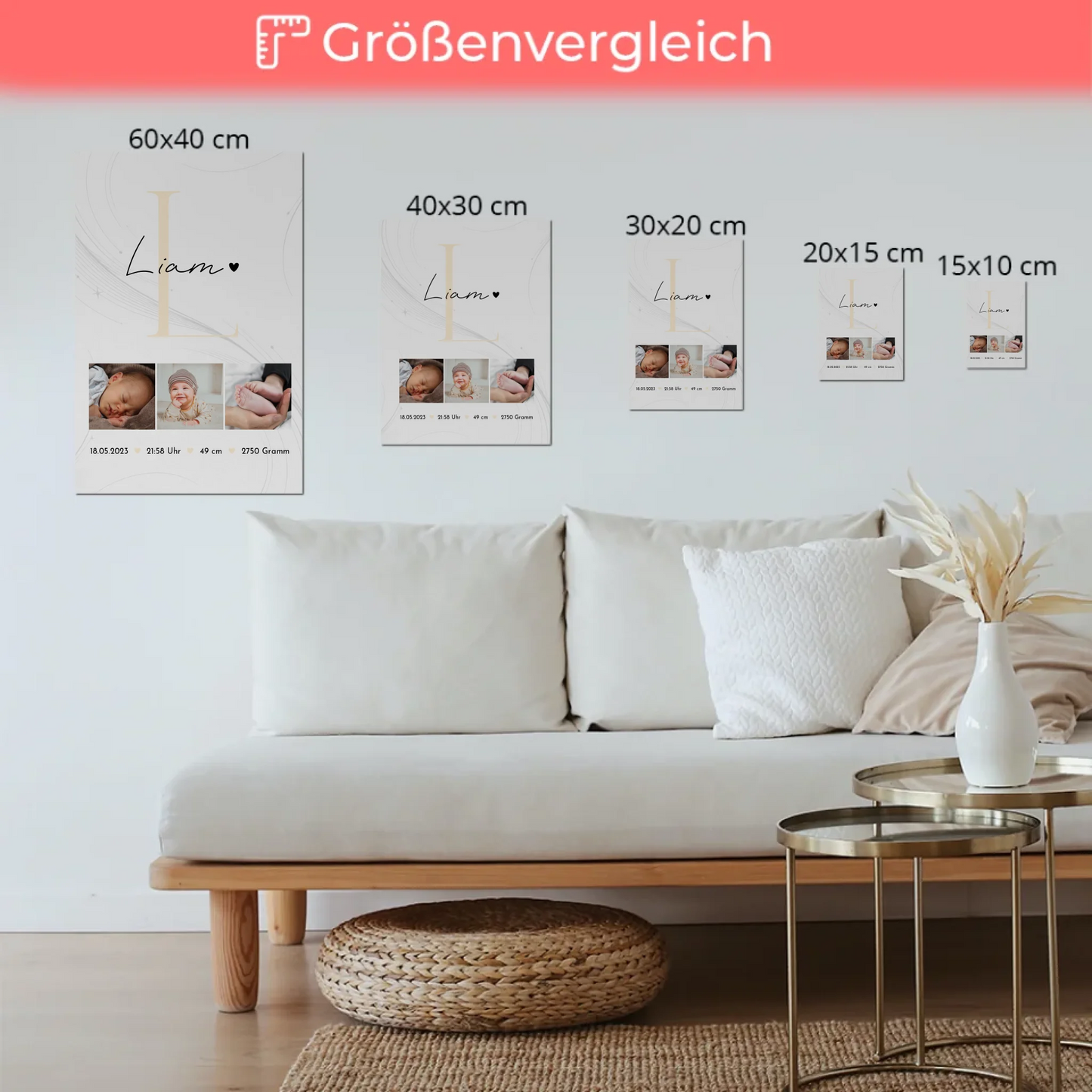 Fotoboard Magnet Poster Geburt Baby Fotocollage Geburtsdaten Lines Elegance Muster