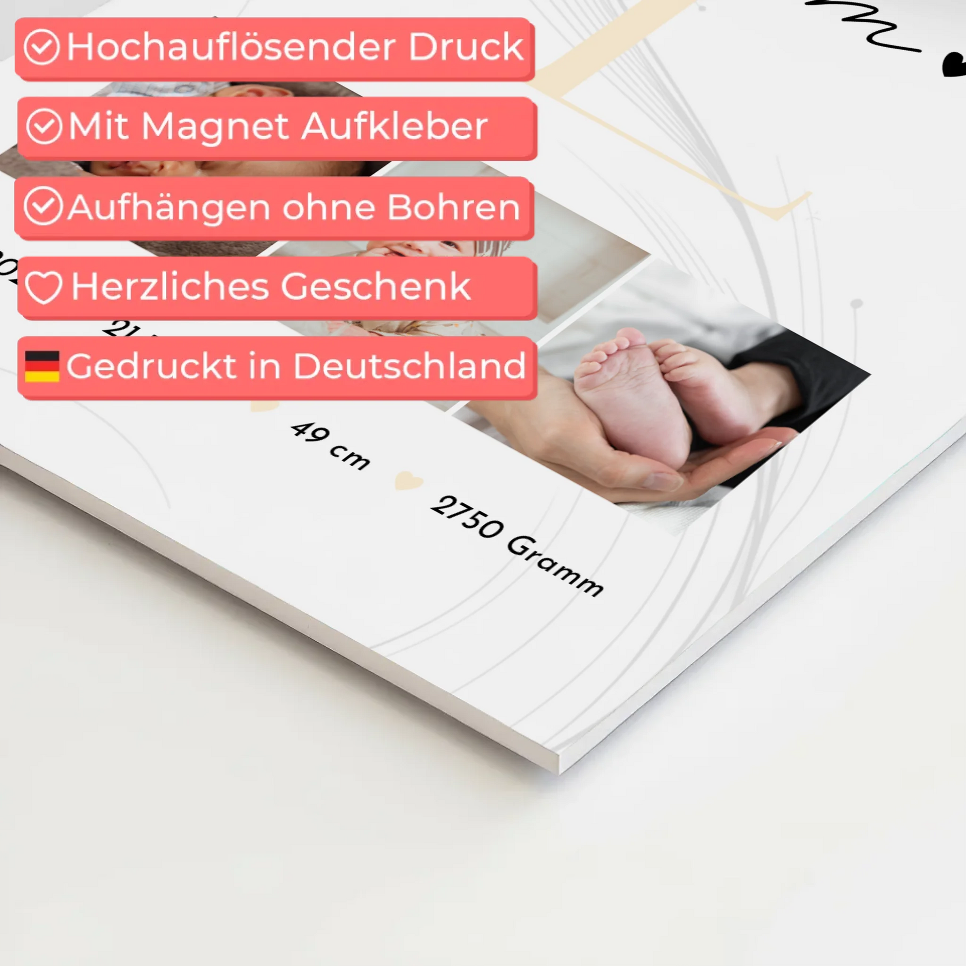Fotoboard Magnet Poster Geburt Baby Fotocollage Geburtsdaten Lines Elegance Muster 10