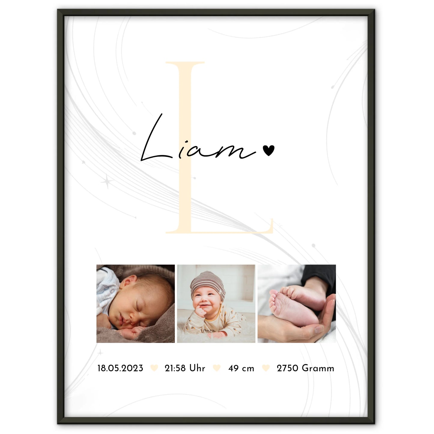 Poster Geburtsdaten Baby Fotocollage Geburt Lines Elegance Muster personalisiert 1