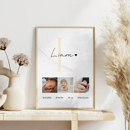 Poster Geburtsdaten Baby Fotocollage Geburt Lines Elegance Muster personalisiert 4
