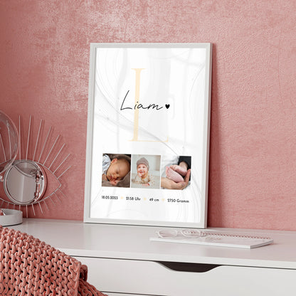 Poster Geburtsdaten Baby Fotocollage Geburt Lines Elegance Muster personalisiert 5