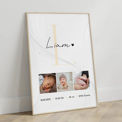 Poster Geburtsdaten Baby Fotocollage Geburt Lines Elegance Muster personalisiert 3