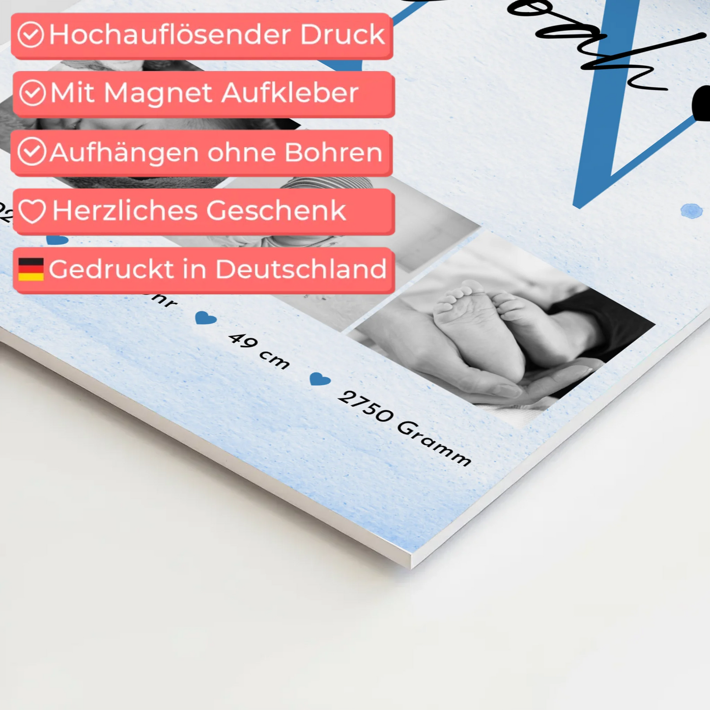 Fotoboard Magnet Wandbild Geburt Baby 7 Fotos Geburtsdaten Black and White 4