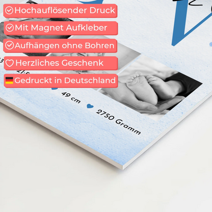 Fotoboard Magnet Wandbild Geburt Baby 7 Fotos Geburtsdaten Black and White