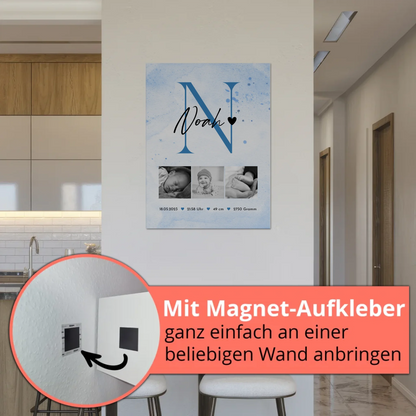 Fotoboard Magnet Wandbild Geburt Baby 7 Fotos Geburtsdaten Black and White