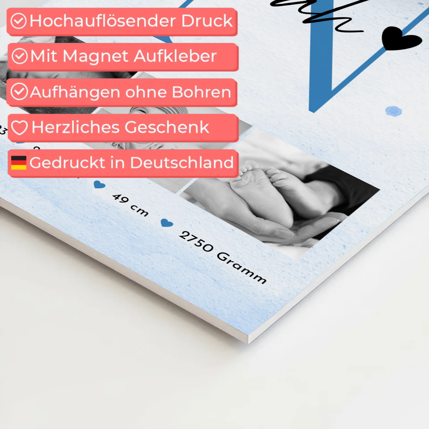 Fotoboard Magnet Wandbild Geburt Baby 7 Fotos Geburtsdaten Black and White