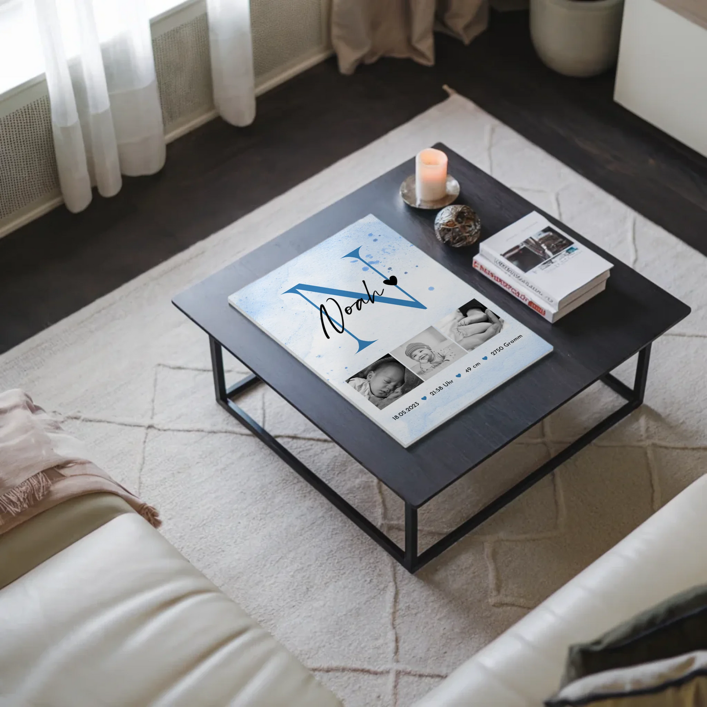 Fotoboard Magnet Wandbild Geburt Baby 7 Fotos Geburtsdaten Black and White