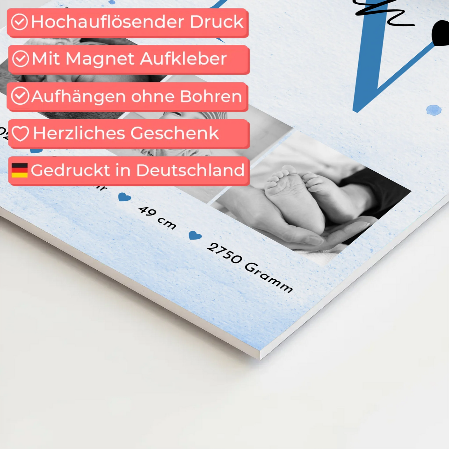 Fotoboard Magnet Wandbild Geburt Baby 7 Fotos Geburtsdaten Black and White