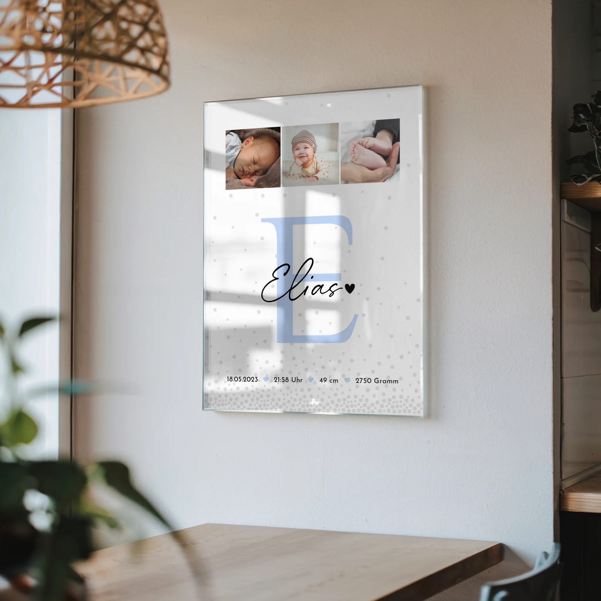 Baby-Fotocollage zur Geburt mit Geburtsdaten - Foto hinter Acrylglas im Magic-Rain-Muster 4