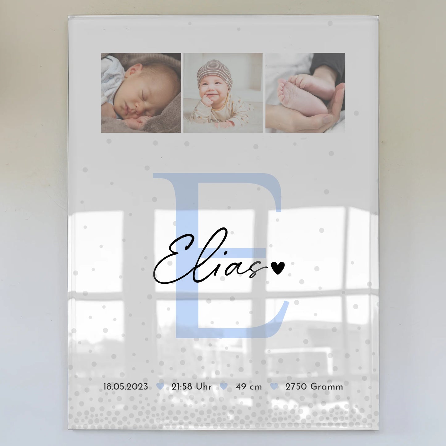 Baby-Fotocollage zur Geburt mit Geburtsdaten - Foto hinter Acrylglas im Magic-Rain-Muster 1
