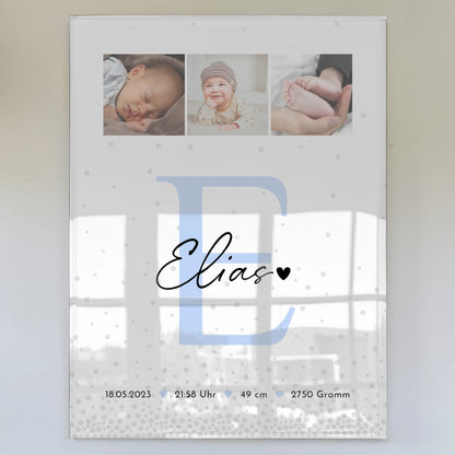 Baby-Fotocollage zur Geburt mit Geburtsdaten - Foto hinter Acrylglas im Magic-Rain-Muster 1