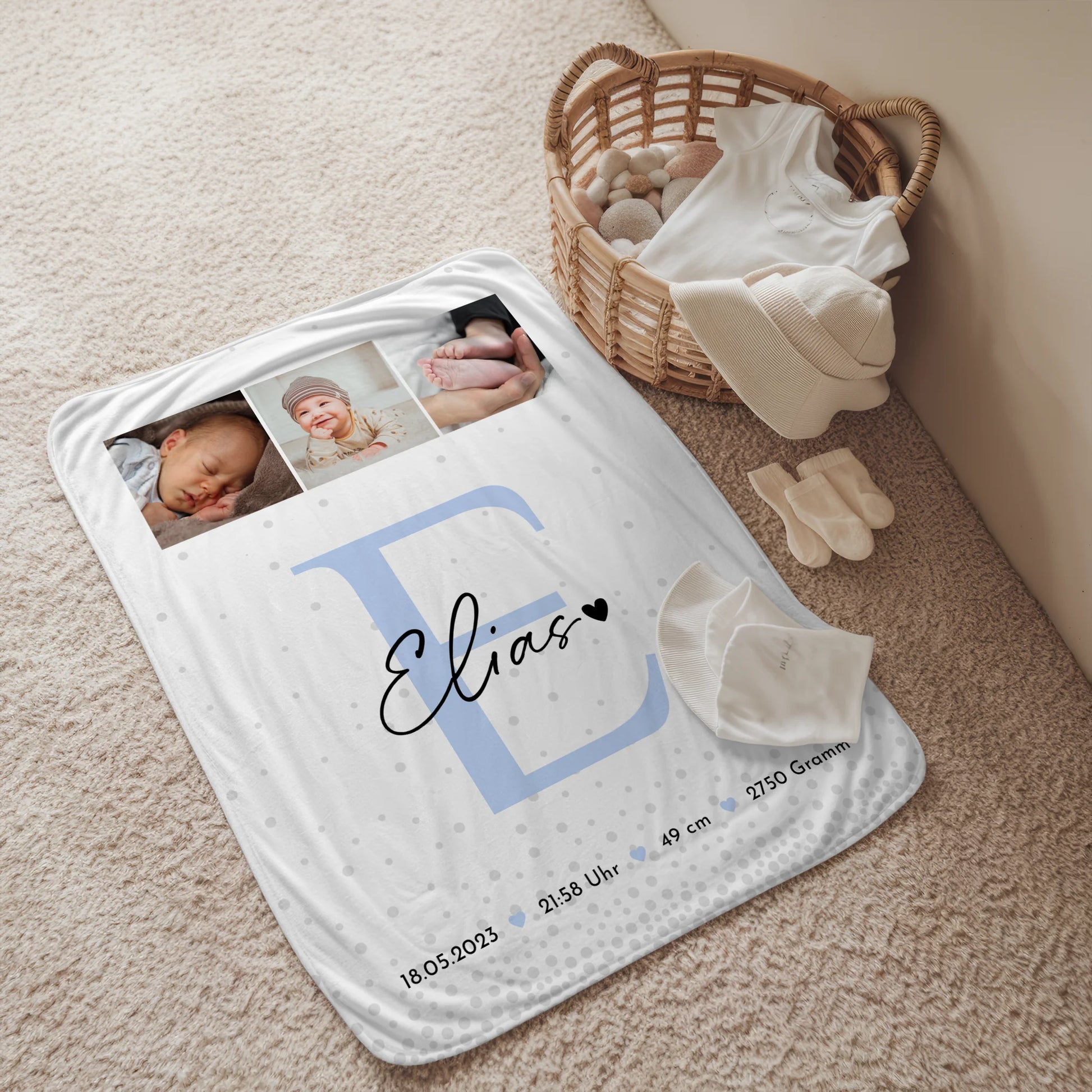 Babydecke Mit Namen zur Geburt Fotocollage mit Geburtsdaten Magic Rain Muster Geschenk 2