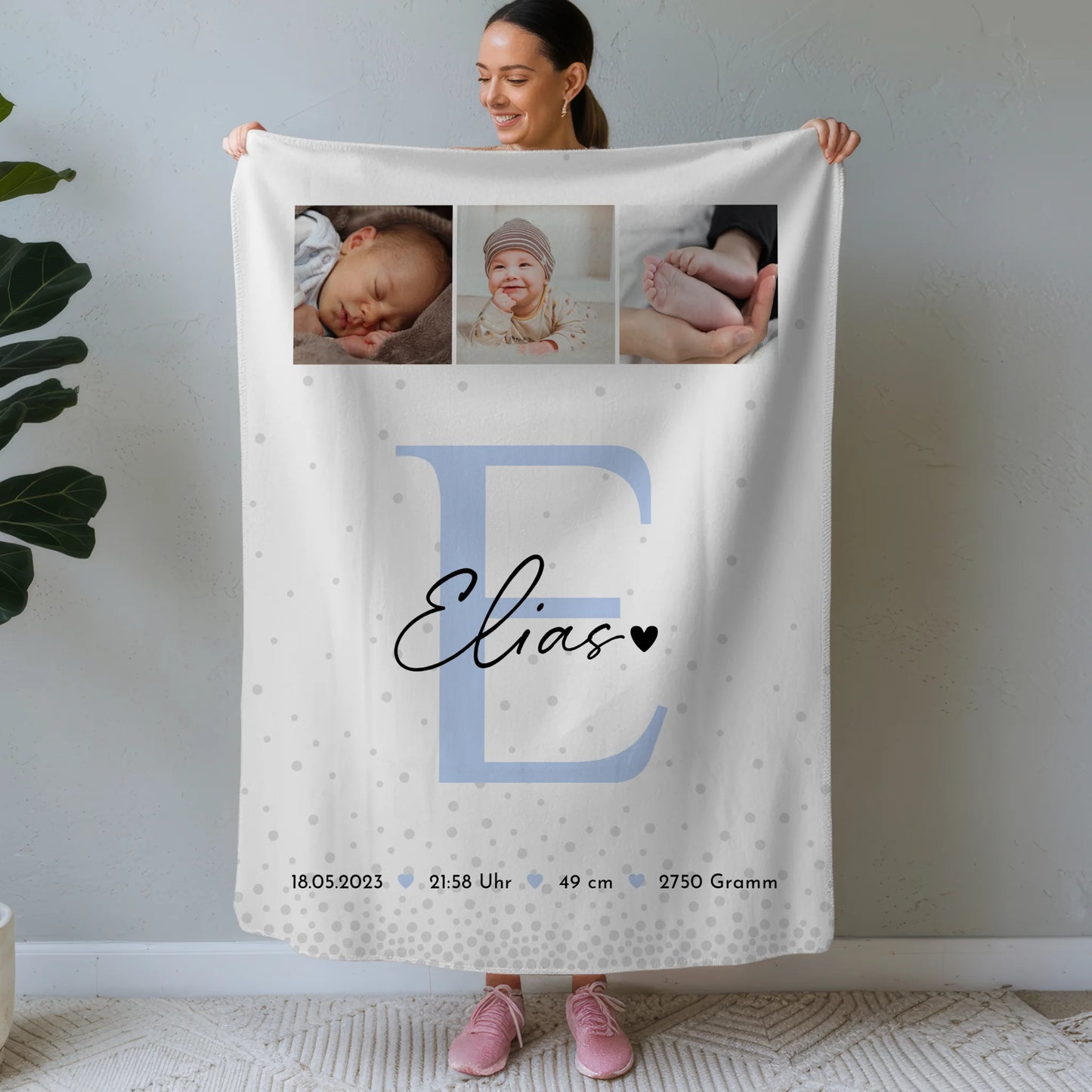 Babydecke Mit Namen zur Geburt Fotocollage mit Geburtsdaten Magic Rain Muster Geschenk 1