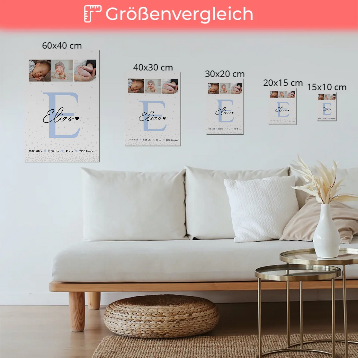 Fotoboard Magnet Poster zur Geburt Baby Fotocollage mit Geburtsdaten Magic Rain Muster 6