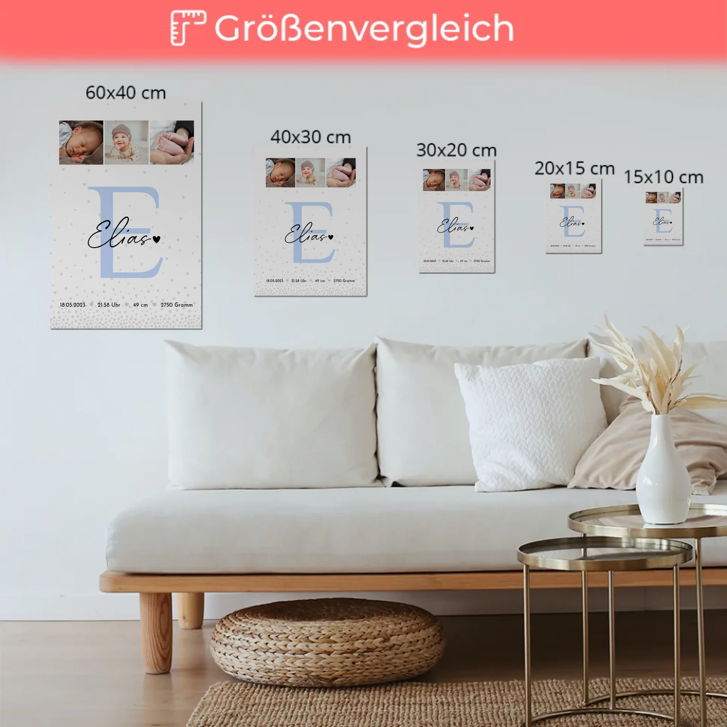 Fotoboard Magnet Poster zur Geburt Baby Fotocollage mit Geburtsdaten Magic Rain Muster