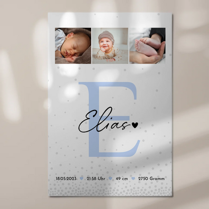Fotoboard Magnet Poster zur Geburt Baby Fotocollage mit Geburtsdaten Magic Rain Muster