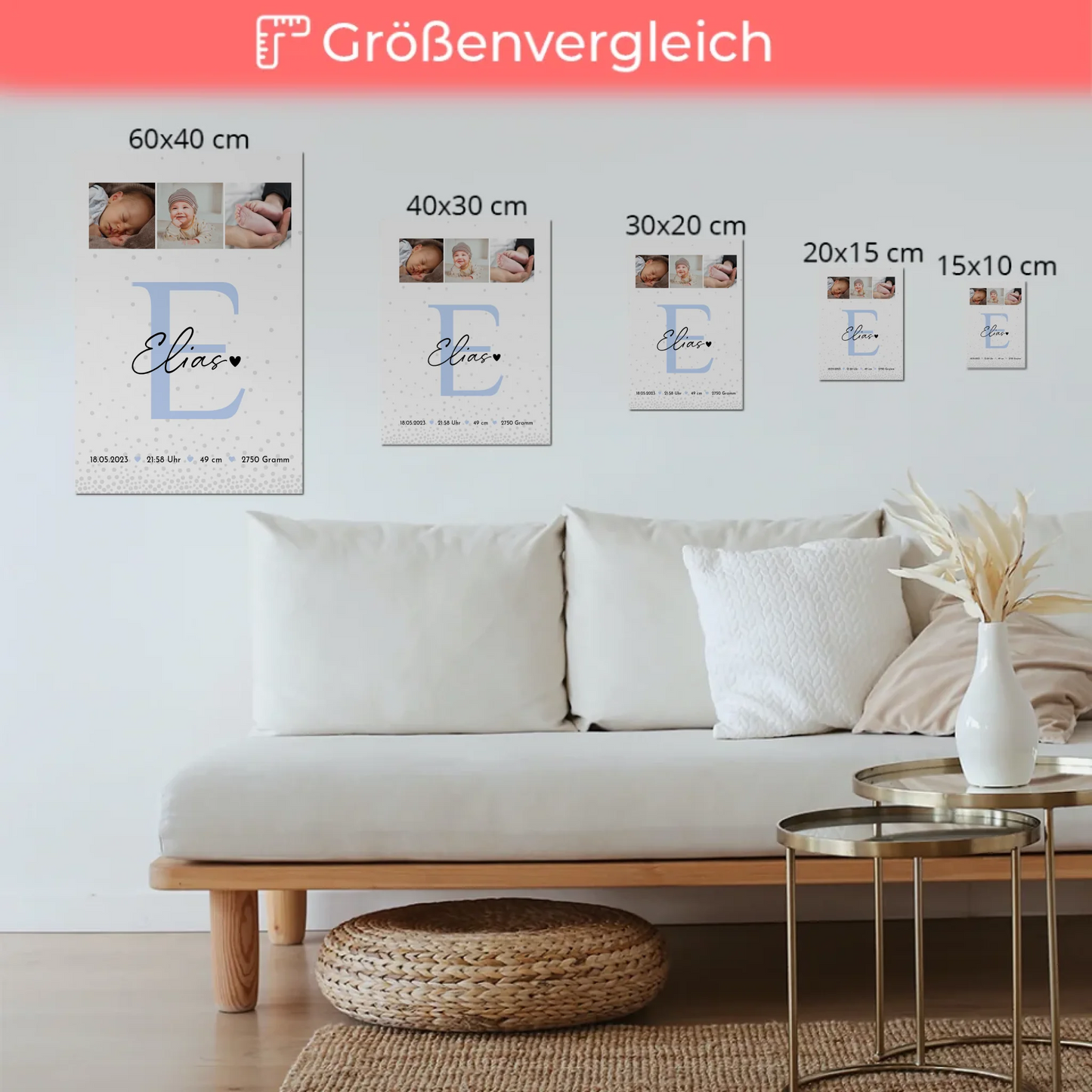 Fotoboard Magnet Poster zur Geburt Baby Fotocollage mit Geburtsdaten Magic Rain Muster